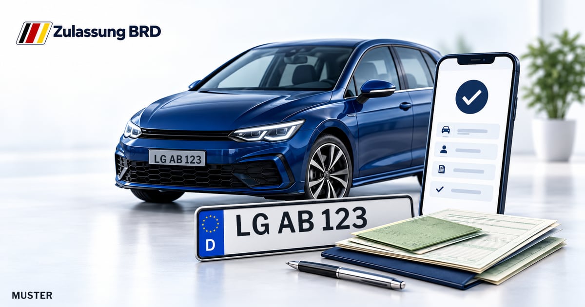 Online Fahrzeugzulassung in Adendorf: Musterkennzeichen LG AB 123, Auto und Fahrzeugpapiere und Smartphone. Illustration mit Logo von Zulassung BRD.